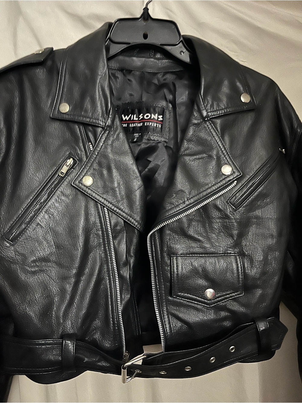Wilson Black Cropped Leather Moto Jacket with Belt - Picture 2 of 6